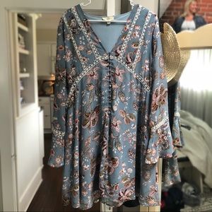VICI Floral Long Sleeve Babydoll Dress Bell Sleeve